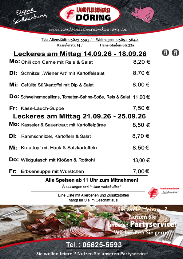 Aushang mit dem aktuellen Mittagstisch der Landfleischerei Döring